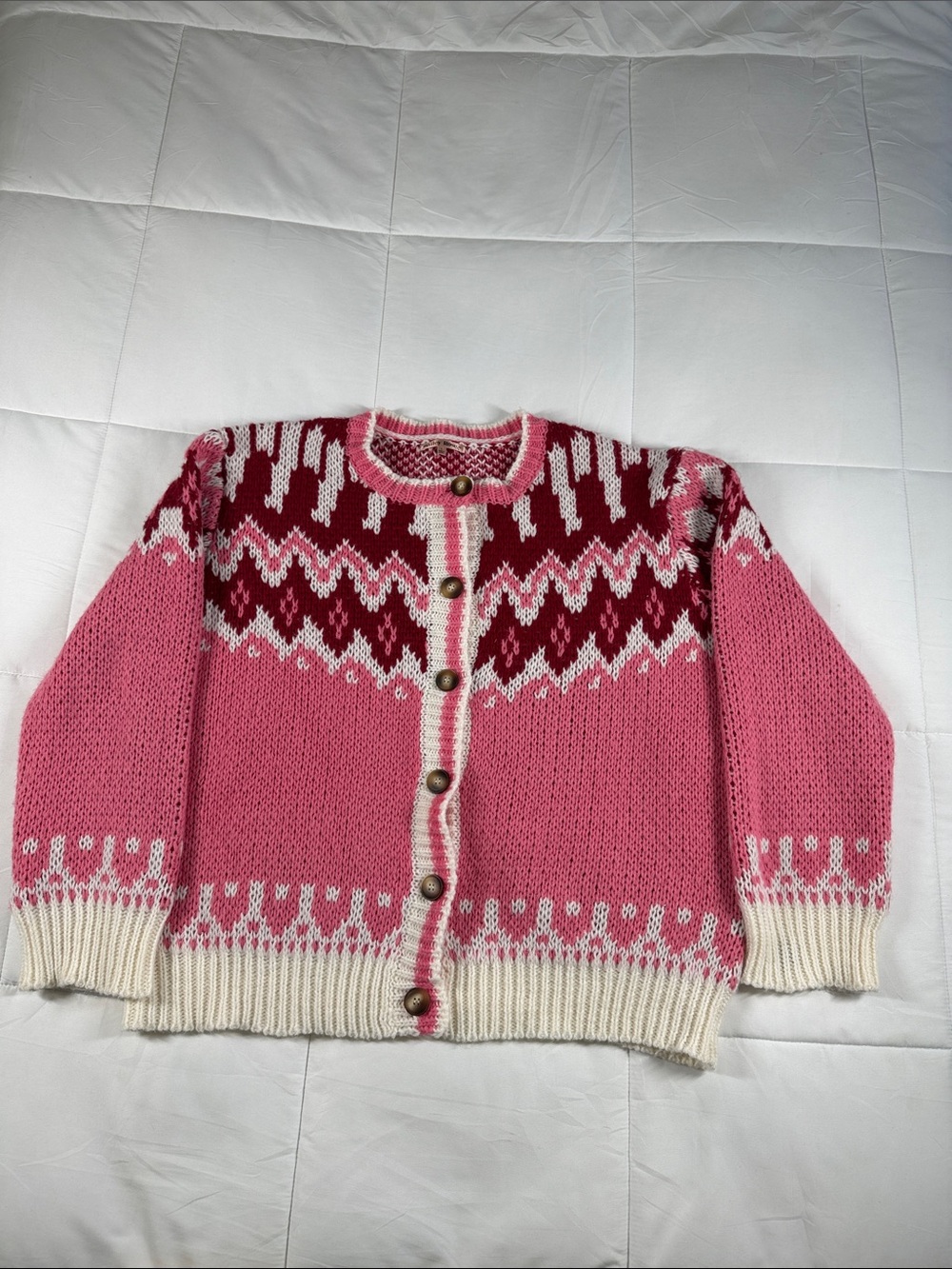 Bailey Rose Button Pink/Red/White Patterned Fair Isle Knit Sweater L